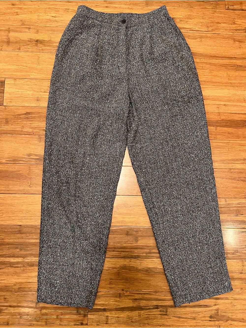 Vintage Joan Leslie Herringbone Pants 6P Gray Tweed Knit Trousers Dark Academia